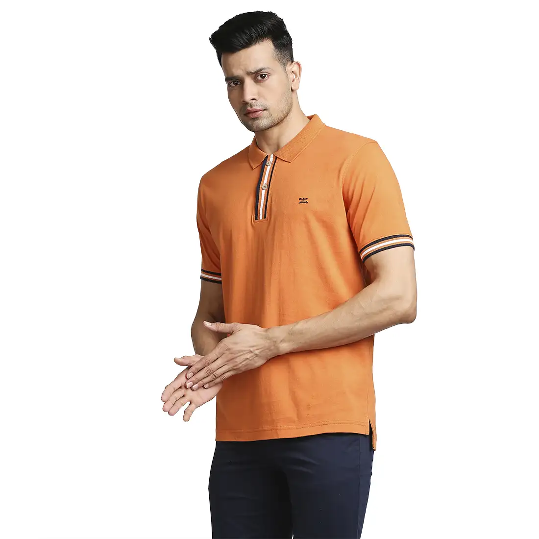 Men Orange Tailored Fit Solid Cotton Half Sleeve Round Neck Collar Polo T-Shirt - Image 3
