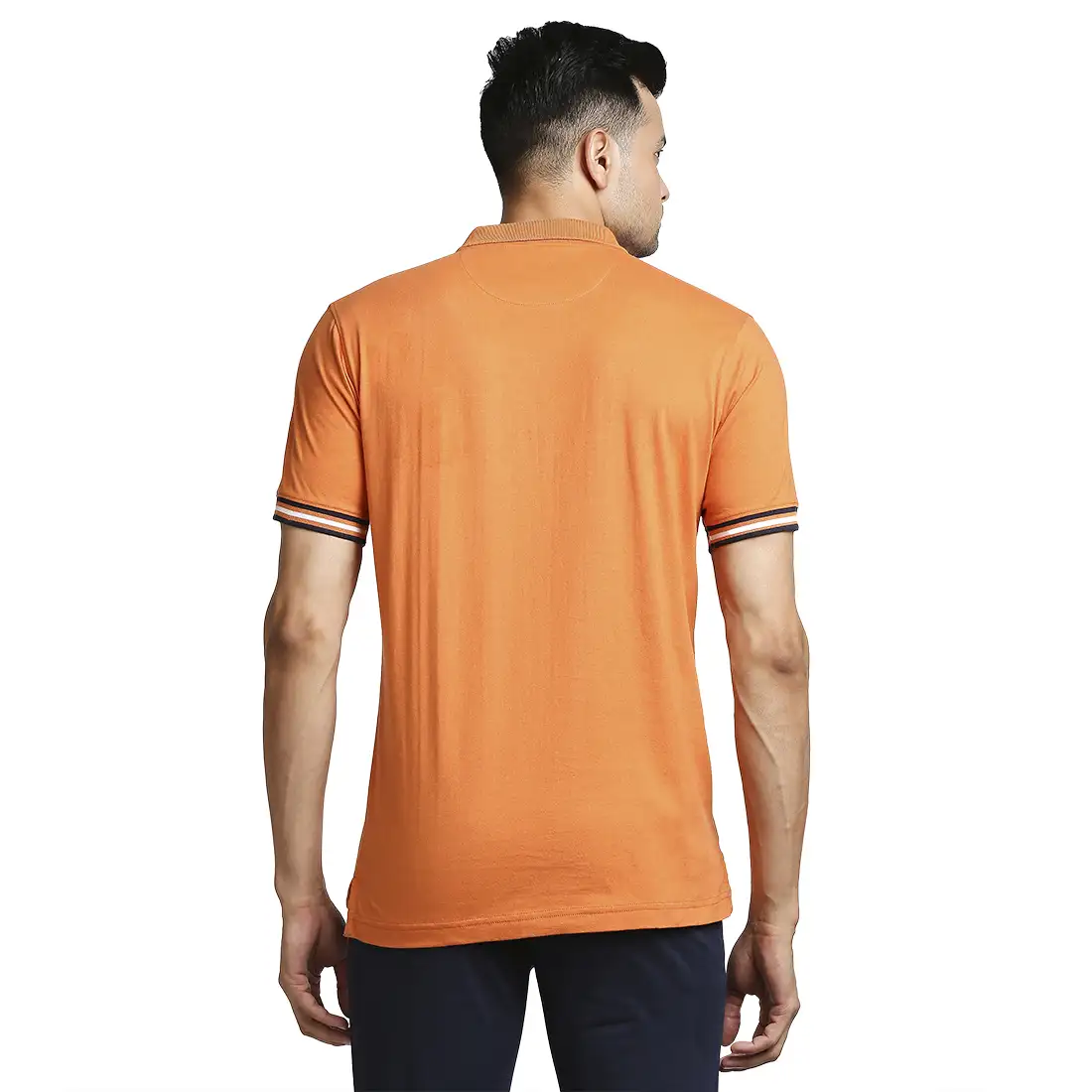 Men Orange Tailored Fit Solid Cotton Half Sleeve Round Neck Collar Polo T-Shirt - Image 4