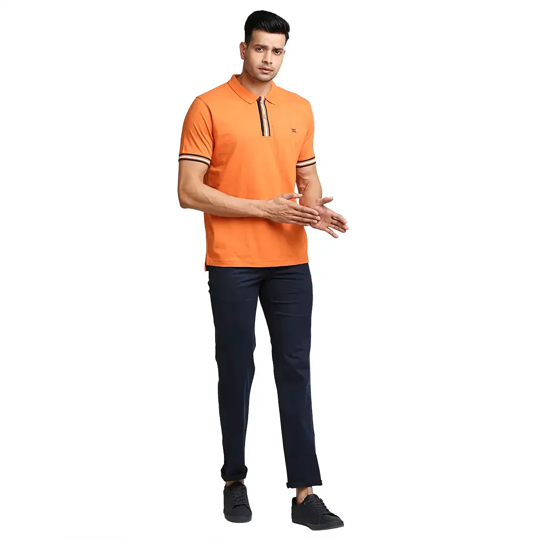 Men Orange Tailored Fit Solid Cotton Half Sleeve Round Neck Collar Polo T-Shirt - Image 5