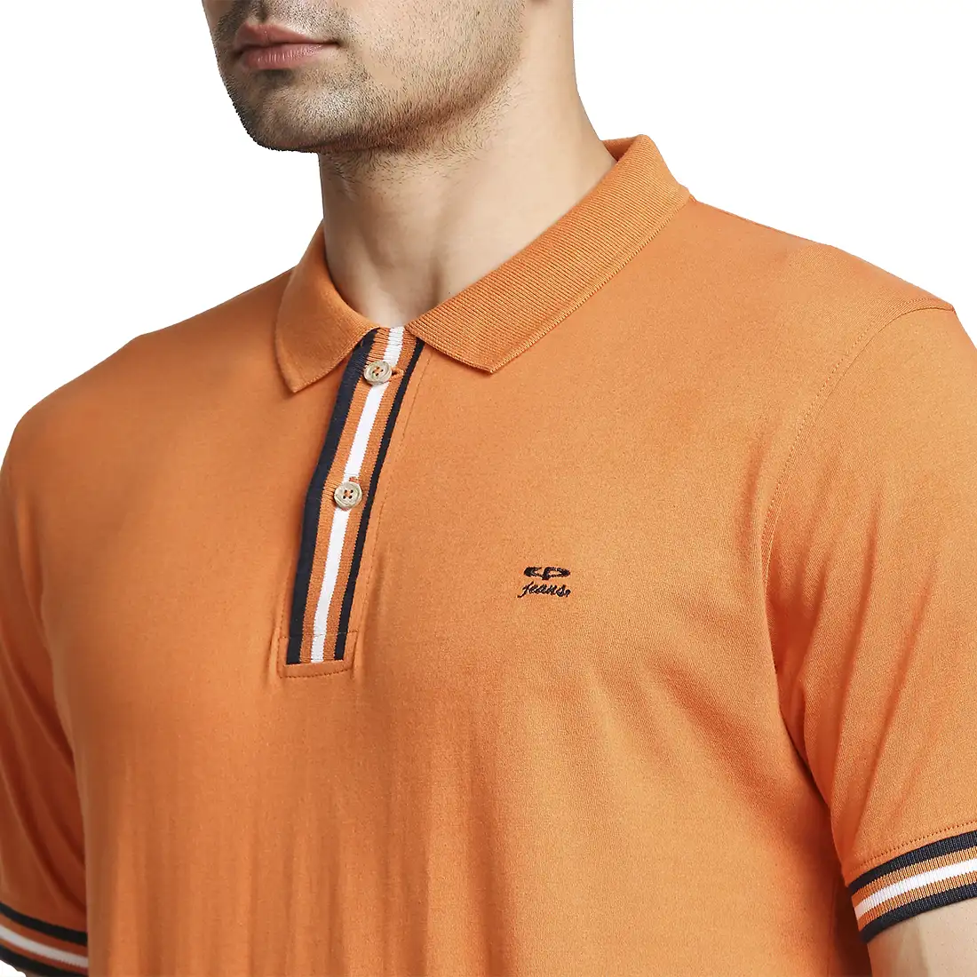 Men Orange Tailored Fit Solid Cotton Half Sleeve Round Neck Collar Polo T-Shirt - Image 6