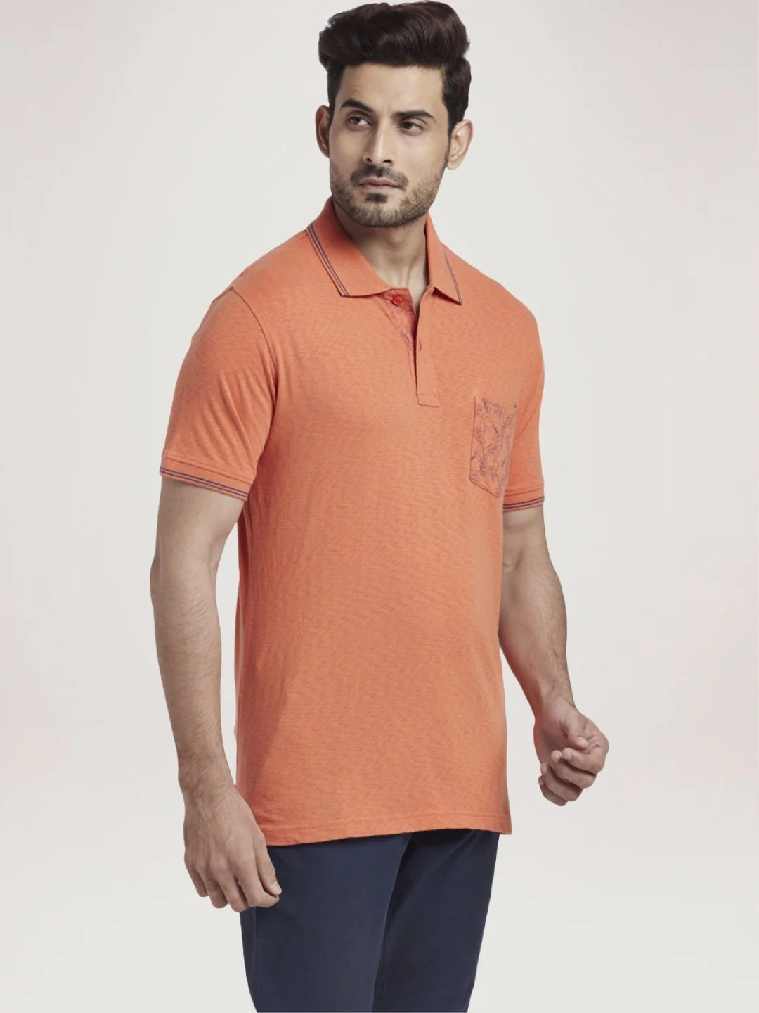 Men Orange Tailored Fit Solid Cotton Half Sleeve T-Shirt - Image 5