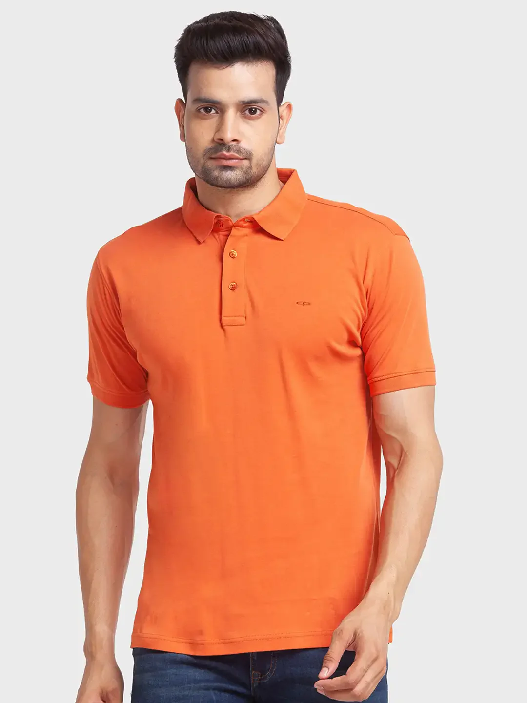 Men Orange Tailored Fit Solid Cotton Half Sleeve T-Shirt