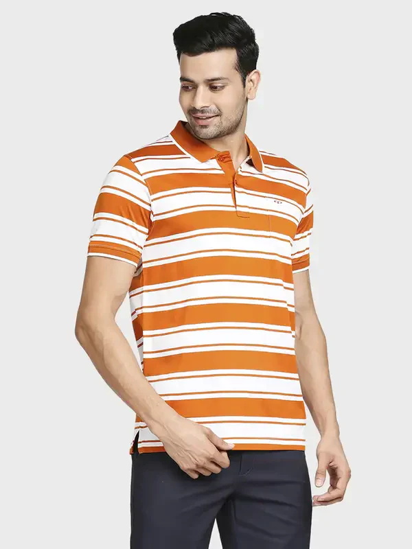 Men Orange Tailored Fit Stripe Cotton Half Sleeve T-Shirt - Image 2