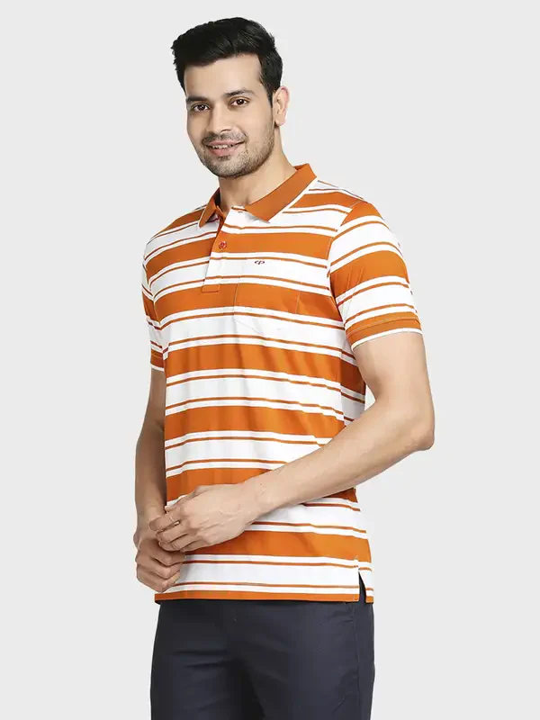 Men Orange Tailored Fit Stripe Cotton Half Sleeve T-Shirt - Image 3