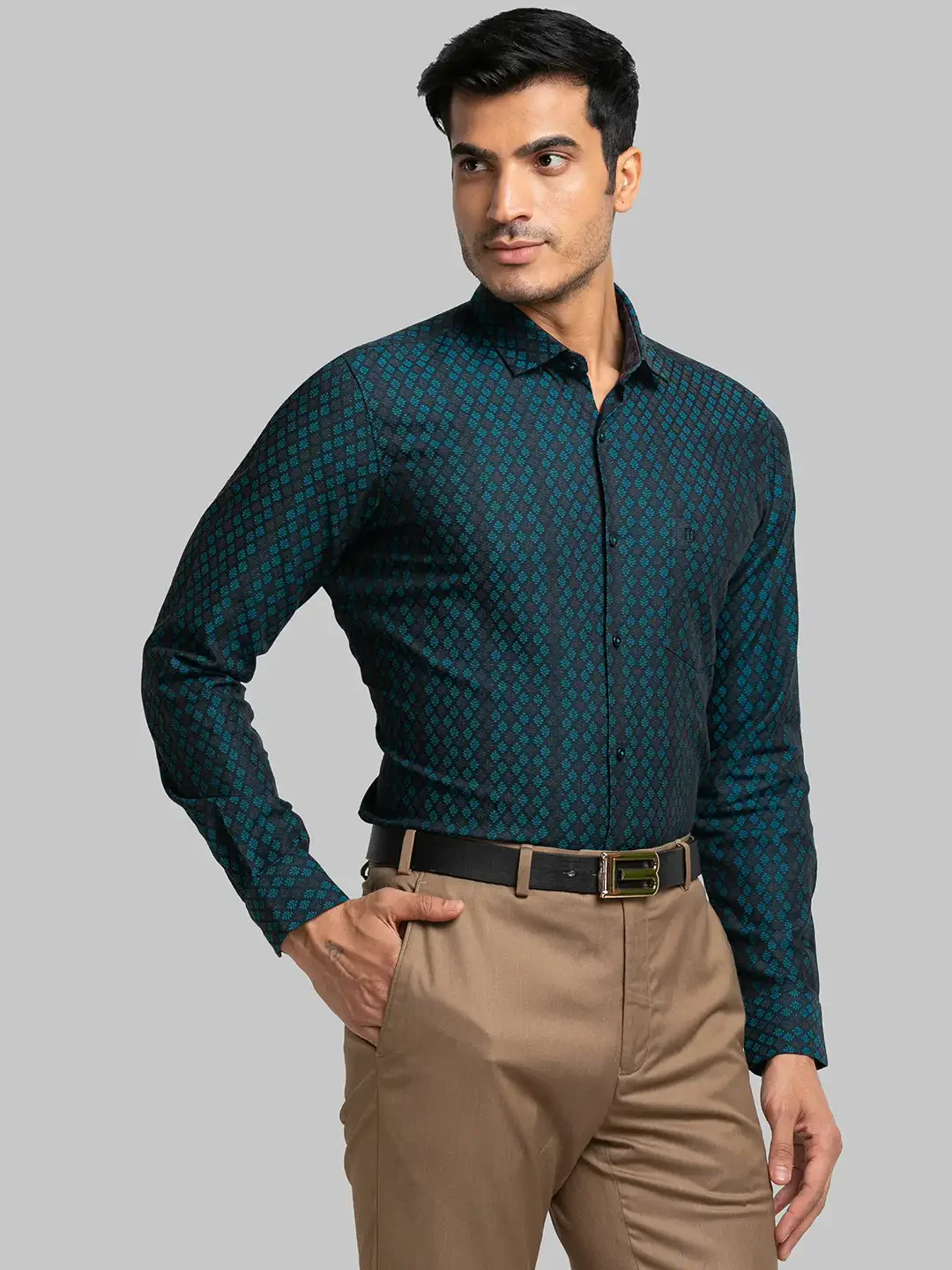 Men Petrol Contemporary Fit Jacquard Cotton Shirts - Image 2