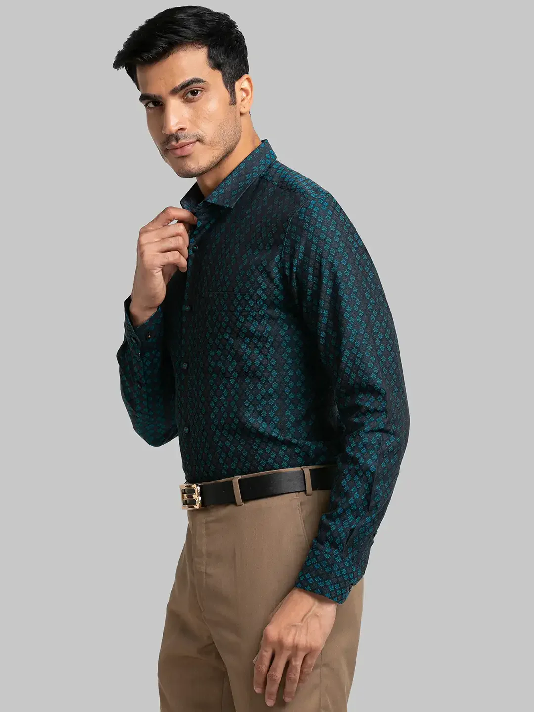 Men Petrol Contemporary Fit Jacquard Cotton Shirts - Image 3