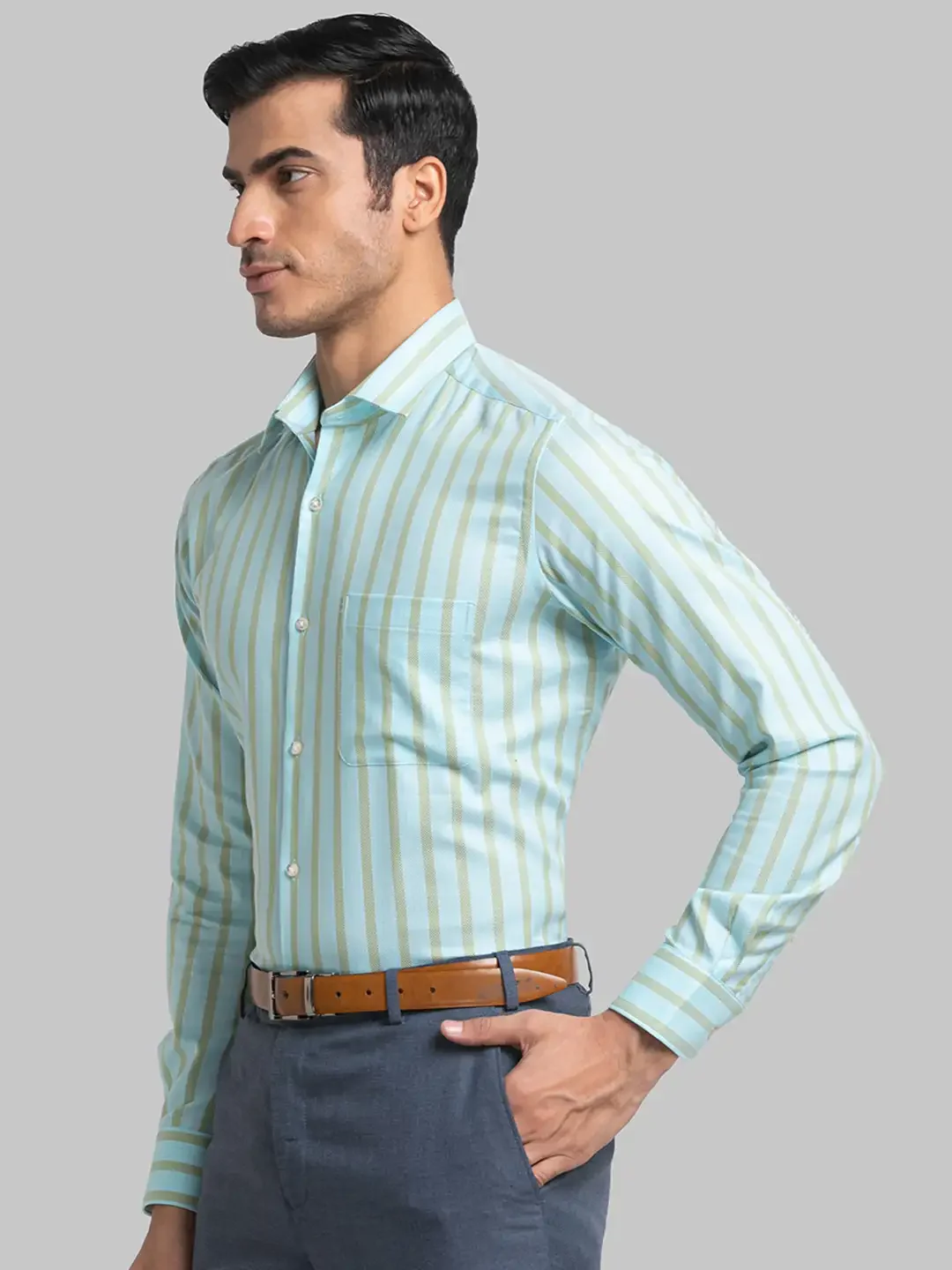 Men Petrol Contemporary Fit Stripe Cotton Cut Collar Shirts - Image 3