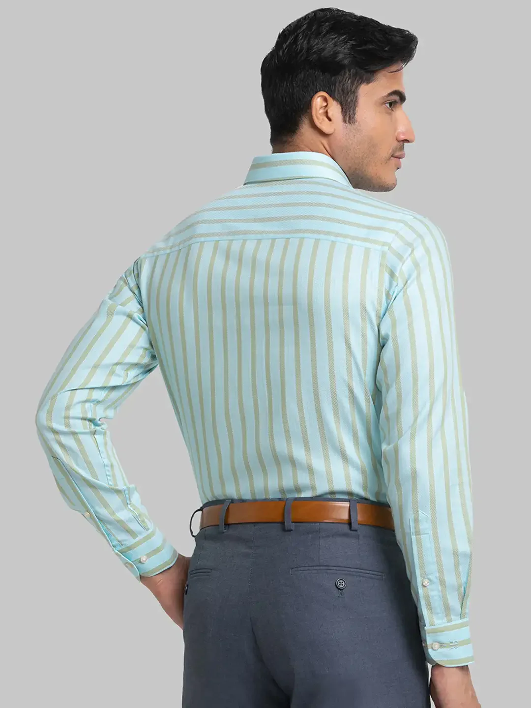 Men Petrol Contemporary Fit Stripe Cotton Cut Collar Shirts - Image 4