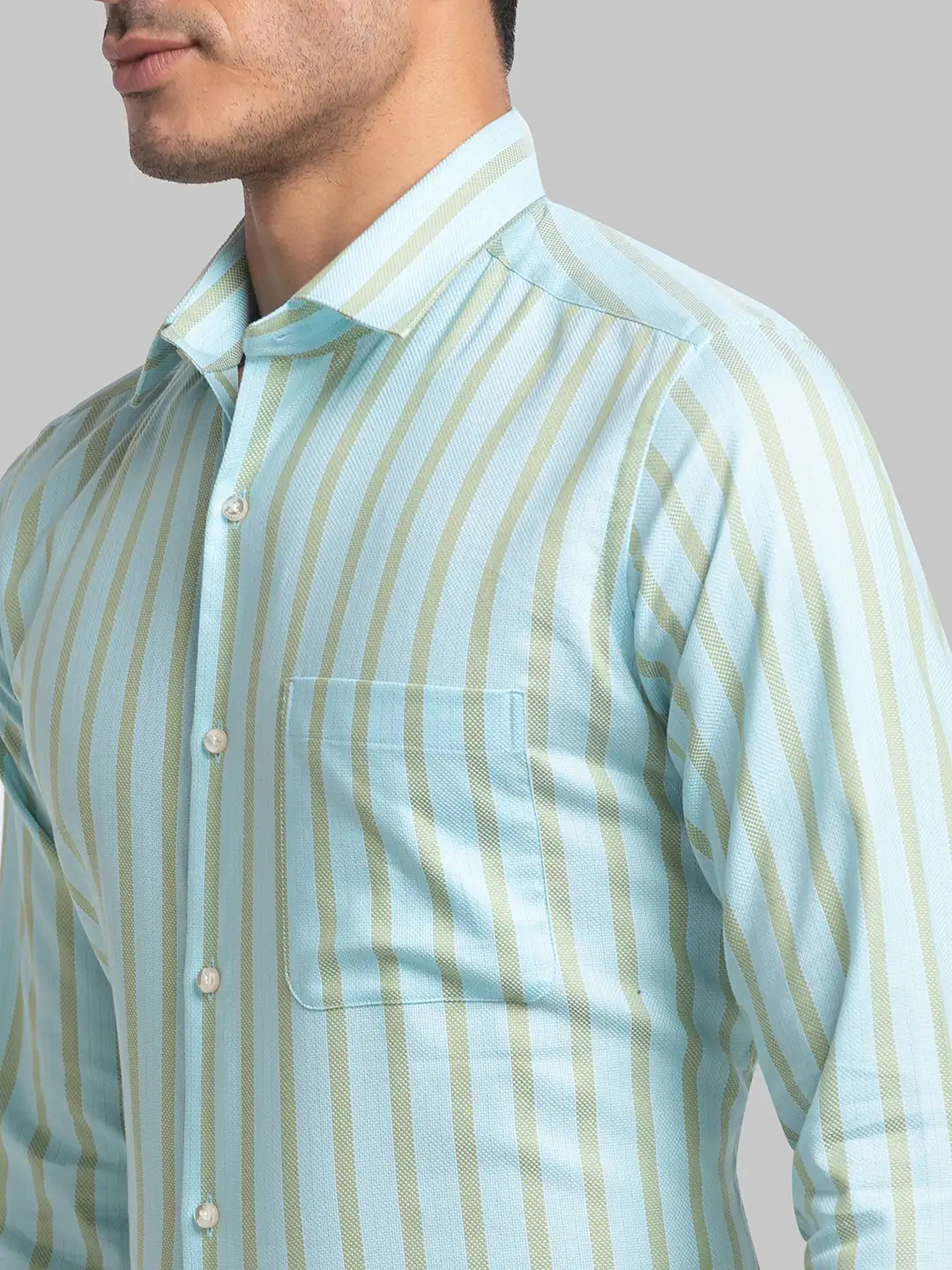 Men Petrol Contemporary Fit Stripe Cotton Cut Collar Shirts - Image 6