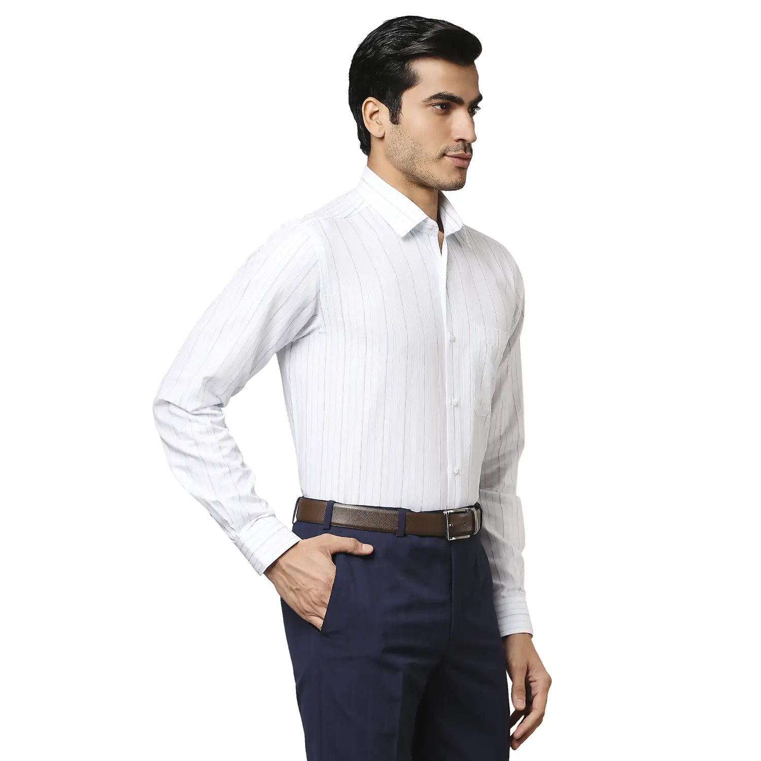 Men Petrol Contemporary Fit Stripe Cotton Shirts - Image 2