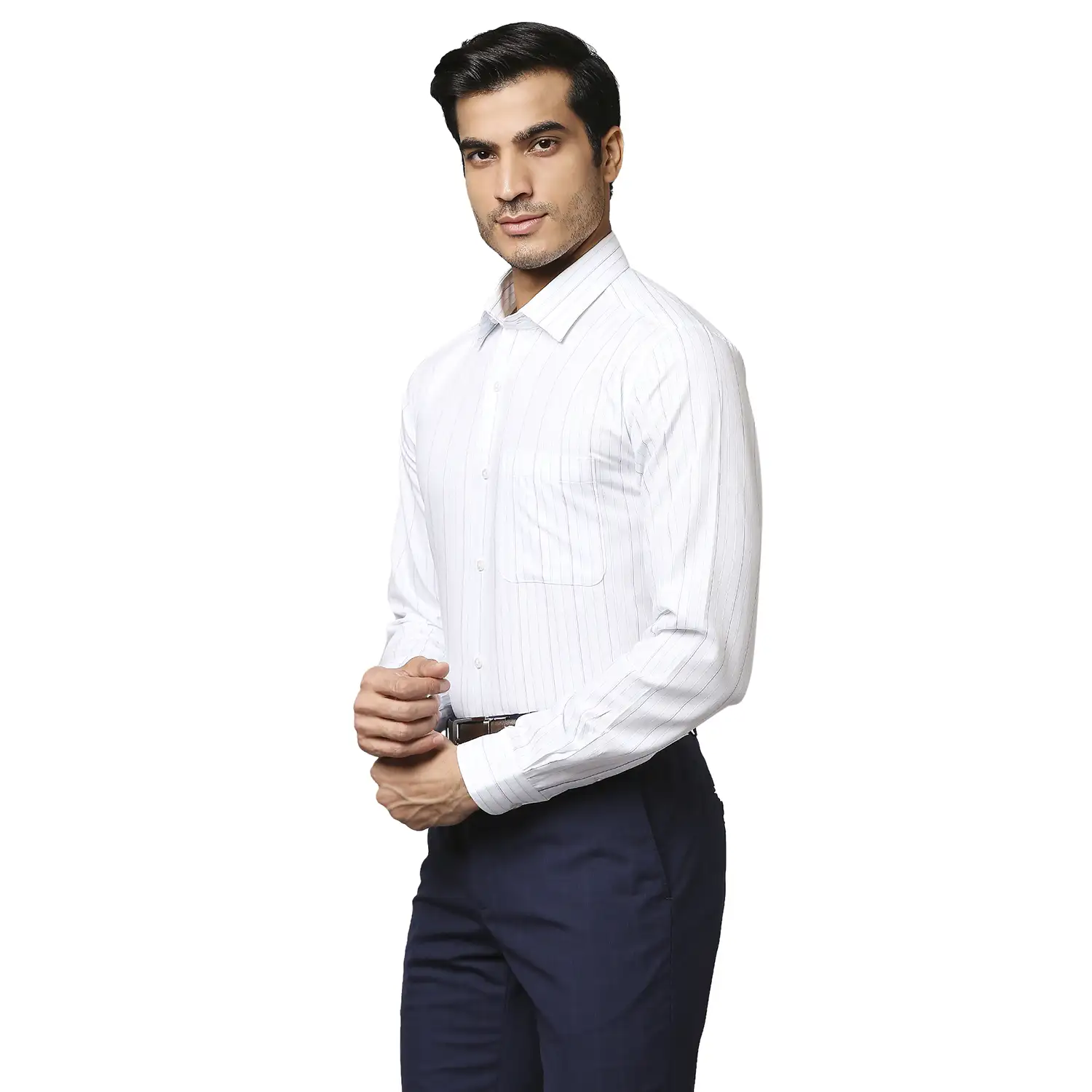 Men Petrol Contemporary Fit Stripe Cotton Shirts - Image 3