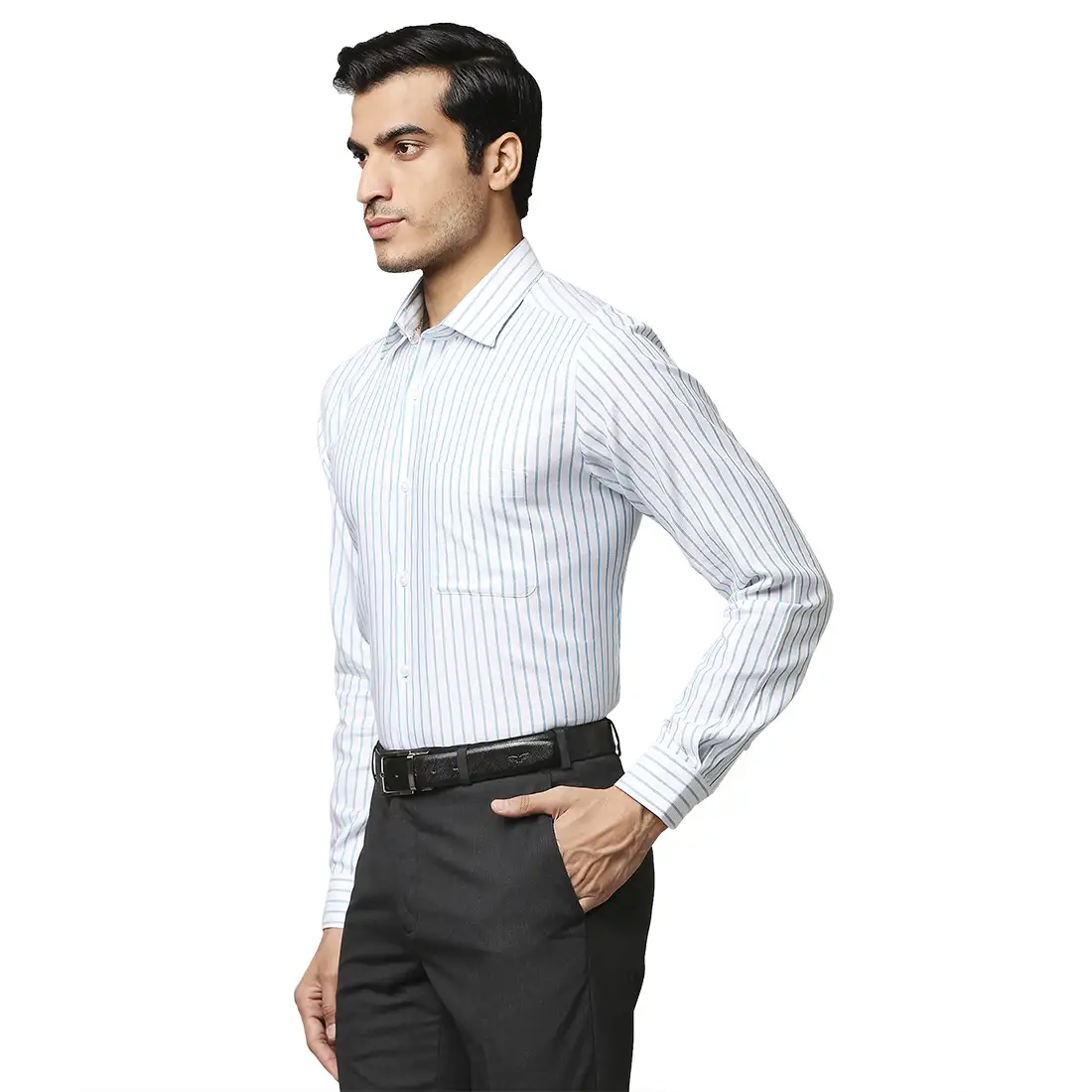 Men Petrol Contemporary Fit Stripe Cotton Shirts - Image 3