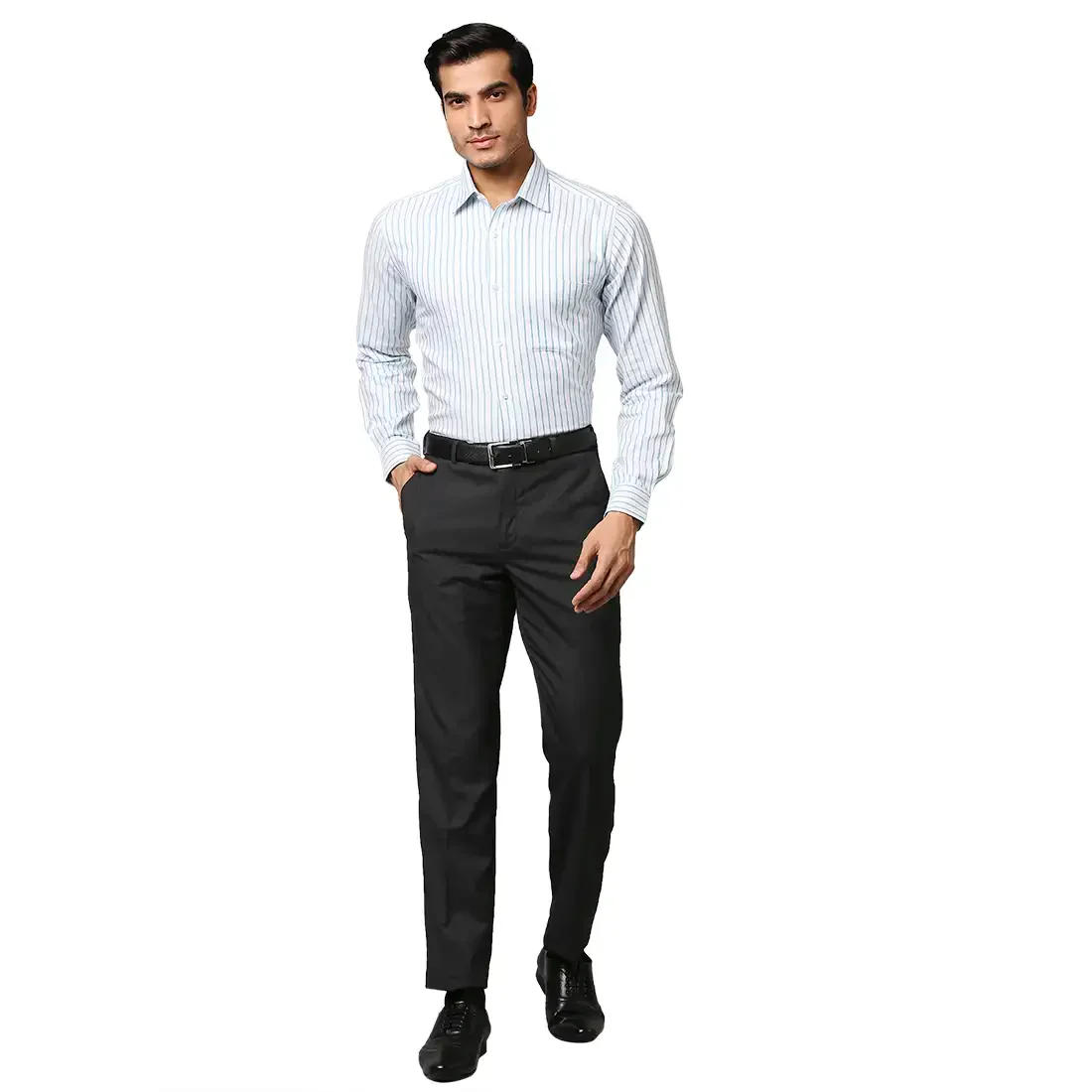 Men Petrol Contemporary Fit Stripe Cotton Shirts - Image 5