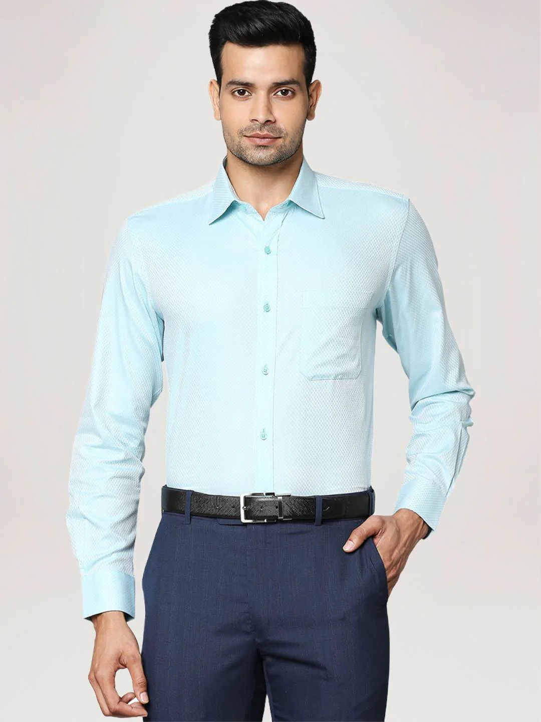 Men Petrol Contemporary Fit Structure Cotton Full Sleeve Shirts - Image 4