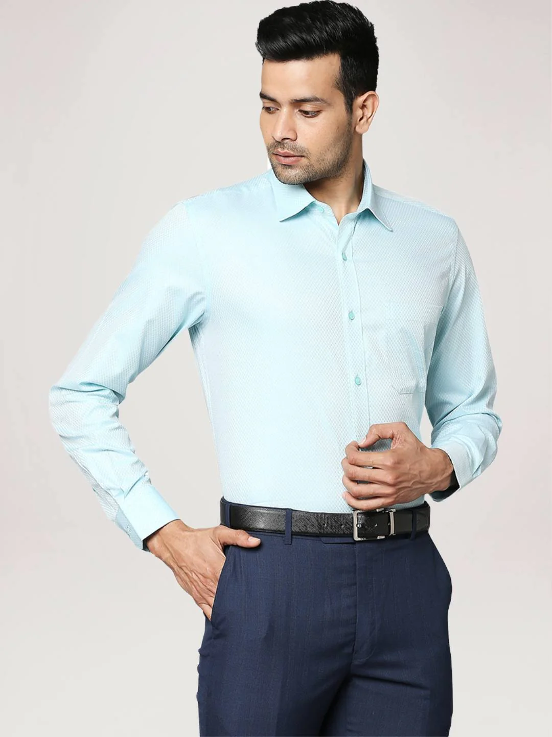 Men Petrol Contemporary Fit Structure Cotton Full Sleeve Shirts - Image 5