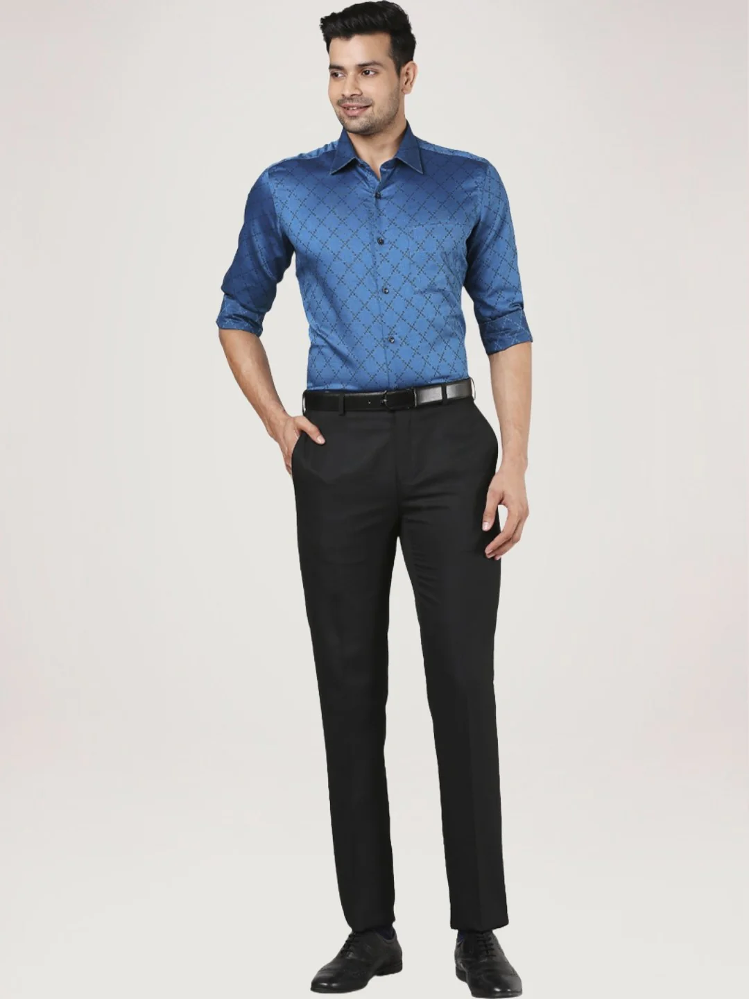 Men Petrol Contemporary Fit Structure Cotton Full Sleeve Shirts - Image 2
