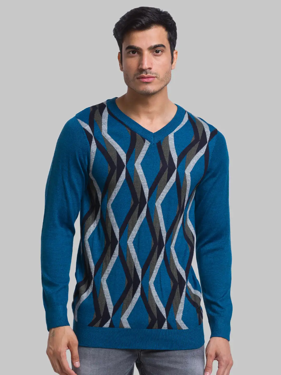 Men Petrol Intarsia Acrylic Blend Full Sleeve Sweaters