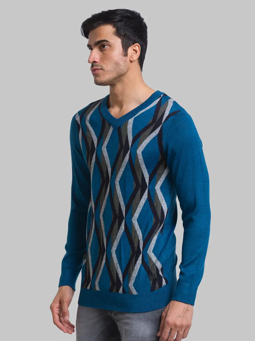 Men Petrol Intarsia Acrylic Blend Full Sleeve Sweaters - Image 3