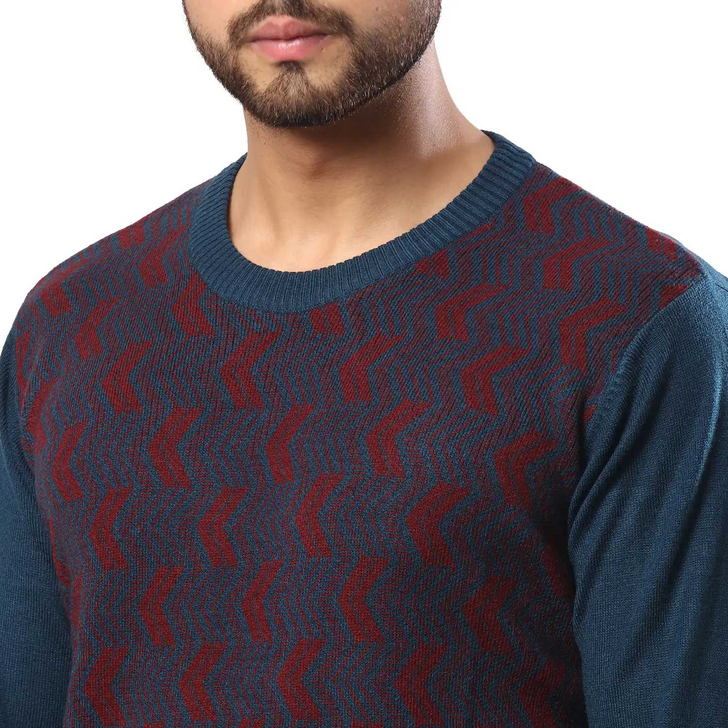 Men Petrol Jacquard Acrylic Wool Blend Round Collar Sweaters - Image 6