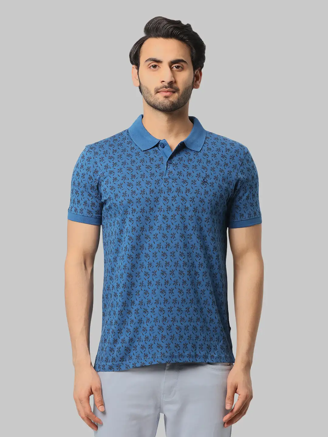 Men Petrol Regular Fit Print Cotton Round Neck Collar Polo T-Shirt