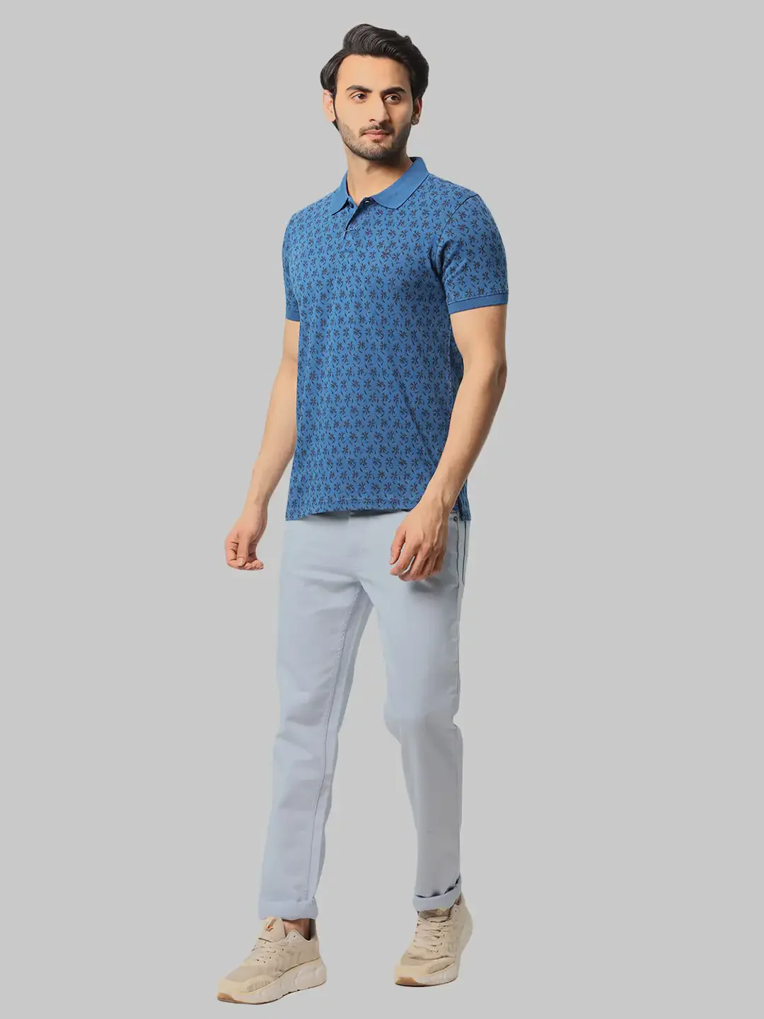 Men Petrol Regular Fit Print Cotton Round Neck Collar Polo T-Shirt - Image 5
