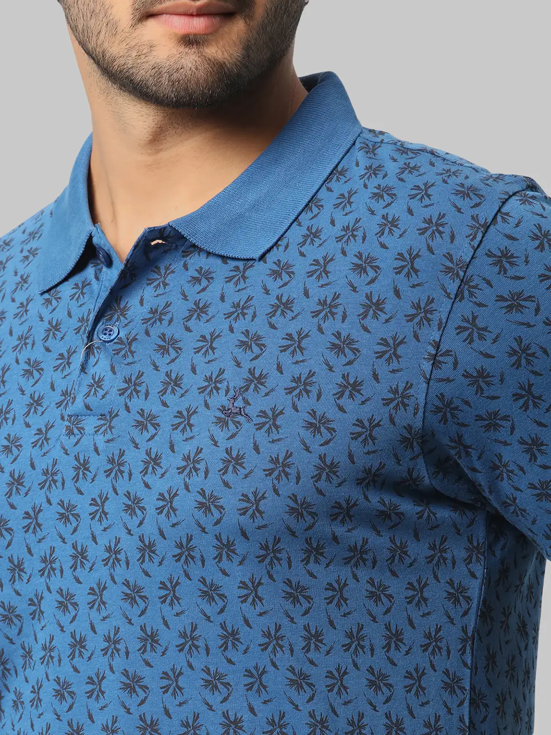 Men Petrol Regular Fit Print Cotton Round Neck Collar Polo T-Shirt - Image 6