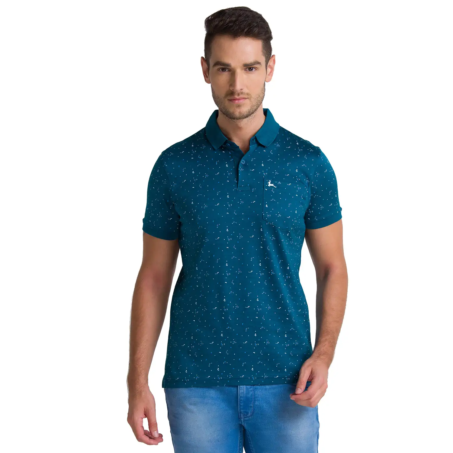 Men Petrol Regular Fit Print Cotton Round Neck Collar Polo T-Shirt