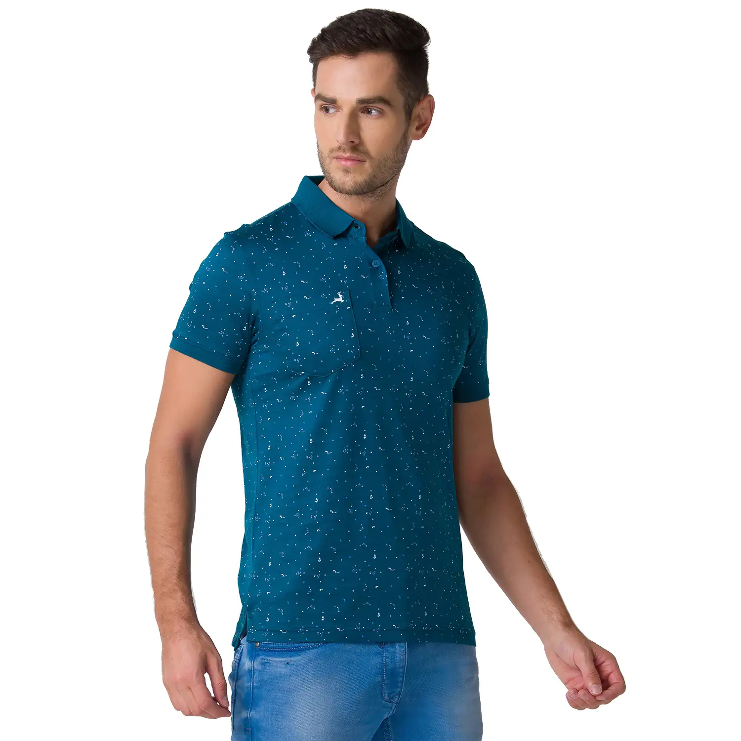 Men Petrol Regular Fit Print Cotton Round Neck Collar Polo T-Shirt - Image 2