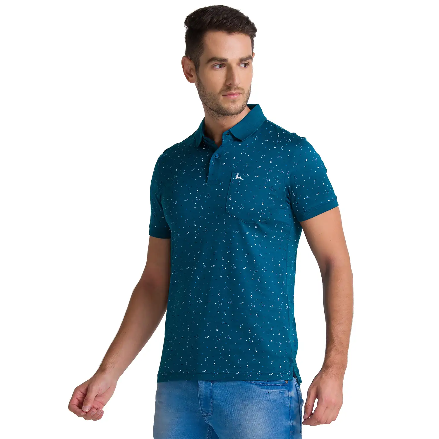 Men Petrol Regular Fit Print Cotton Round Neck Collar Polo T-Shirt - Image 3