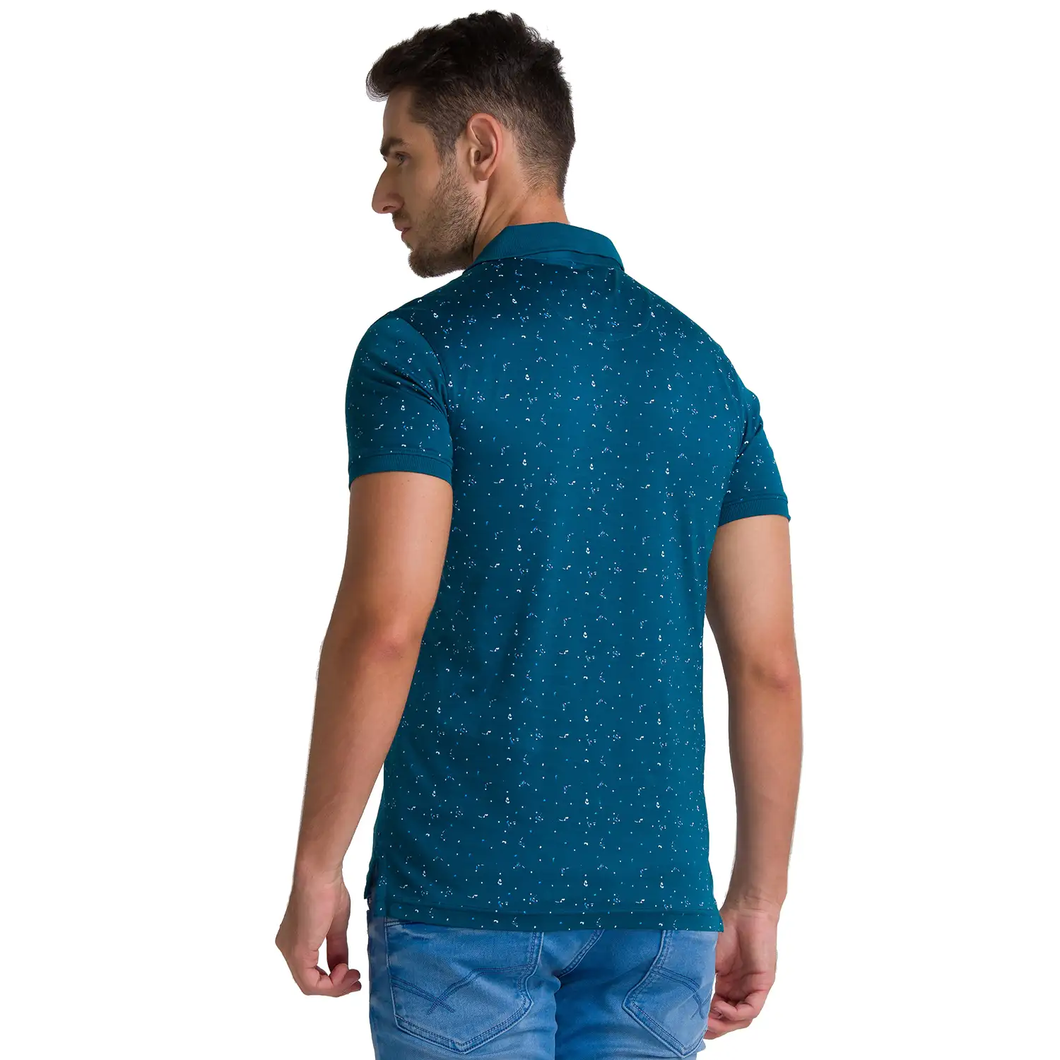 Men Petrol Regular Fit Print Cotton Round Neck Collar Polo T-Shirt - Image 4