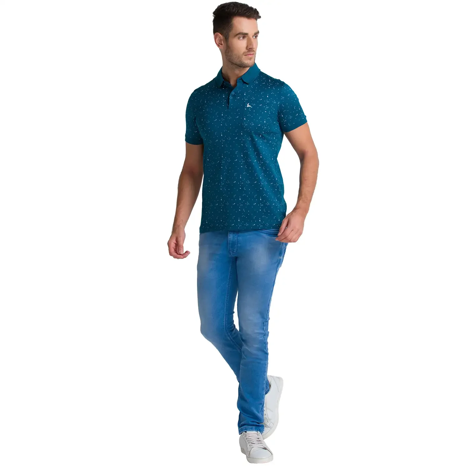 Men Petrol Regular Fit Print Cotton Round Neck Collar Polo T-Shirt - Image 5