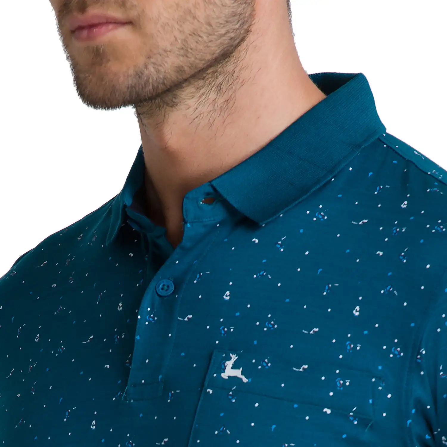 Men Petrol Regular Fit Print Cotton Round Neck Collar Polo T-Shirt - Image 6