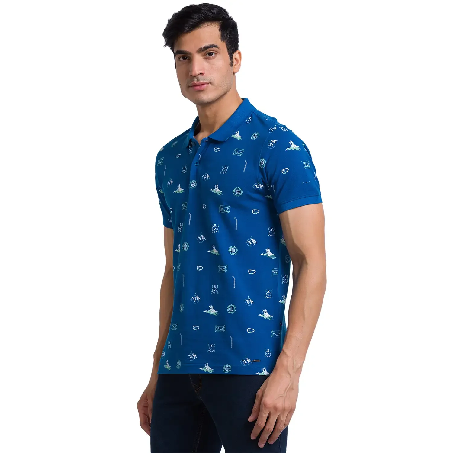 Men Petrol Regular Fit Print Cotton Round Neck Collar Polo T-Shirt - Image 3