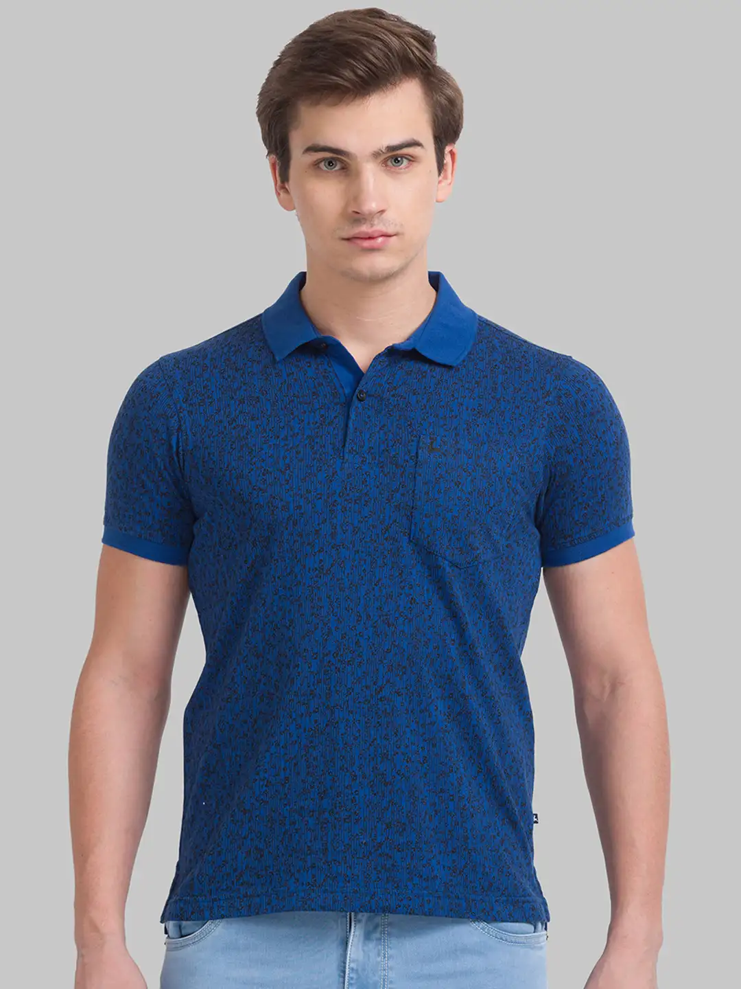 Men Petrol Regular Fit Print Cotton Round Neck Collar Polo T-Shirt