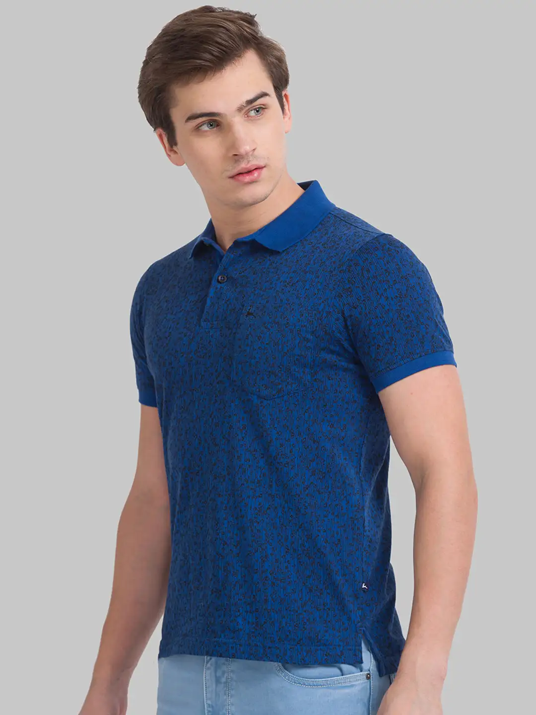 Men Petrol Regular Fit Print Cotton Round Neck Collar Polo T-Shirt - Image 3