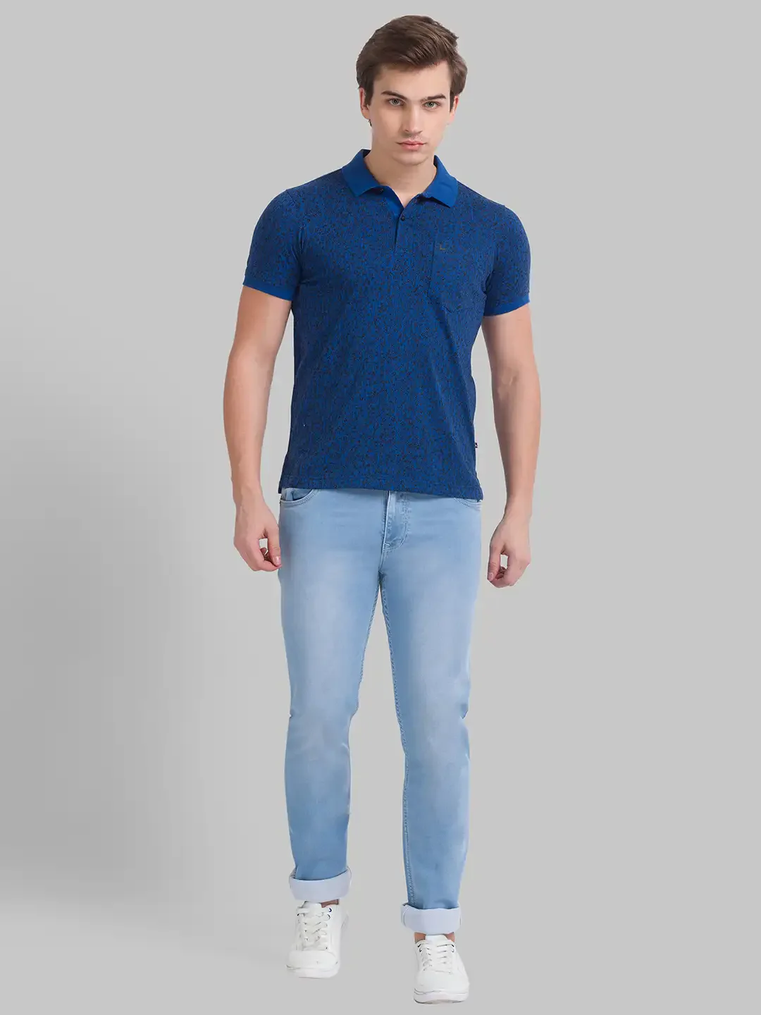 Men Petrol Regular Fit Print Cotton Round Neck Collar Polo T-Shirt - Image 5