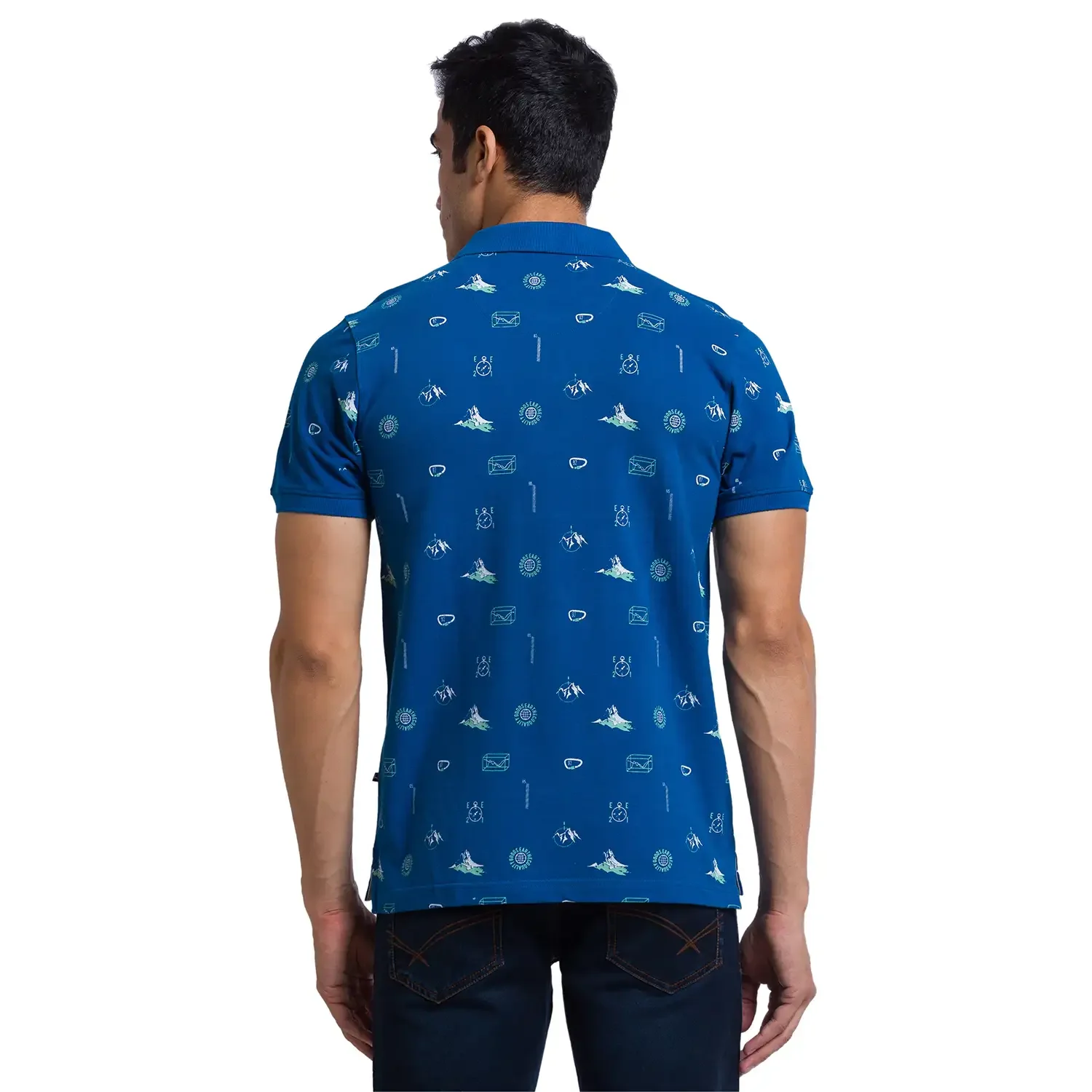 Men Petrol Regular Fit Print Cotton Round Neck Collar Polo T-Shirt - Image 4