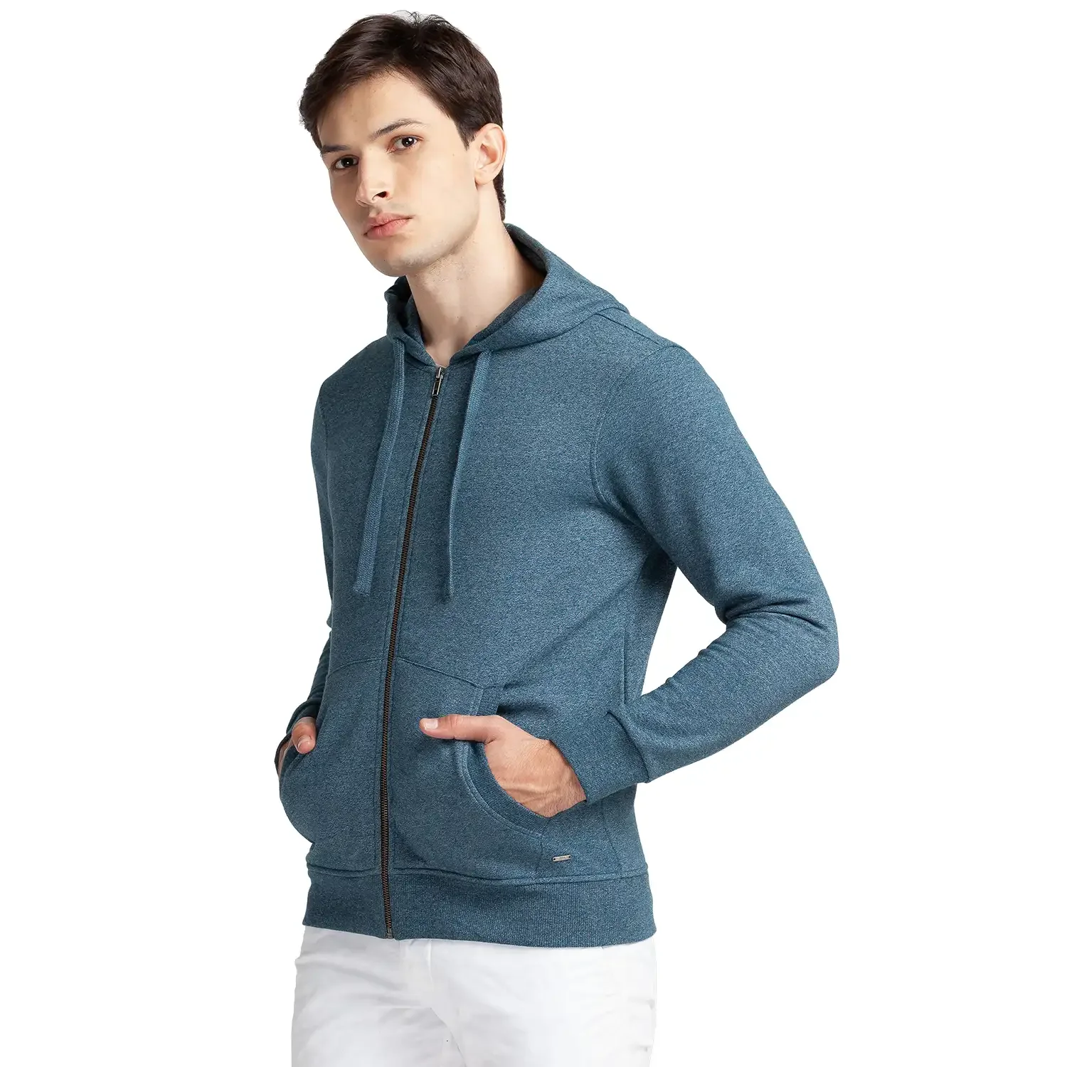 Men Petrol Regular Fit Solid Cotton Polyester Blend Sweatshirts - Image 3