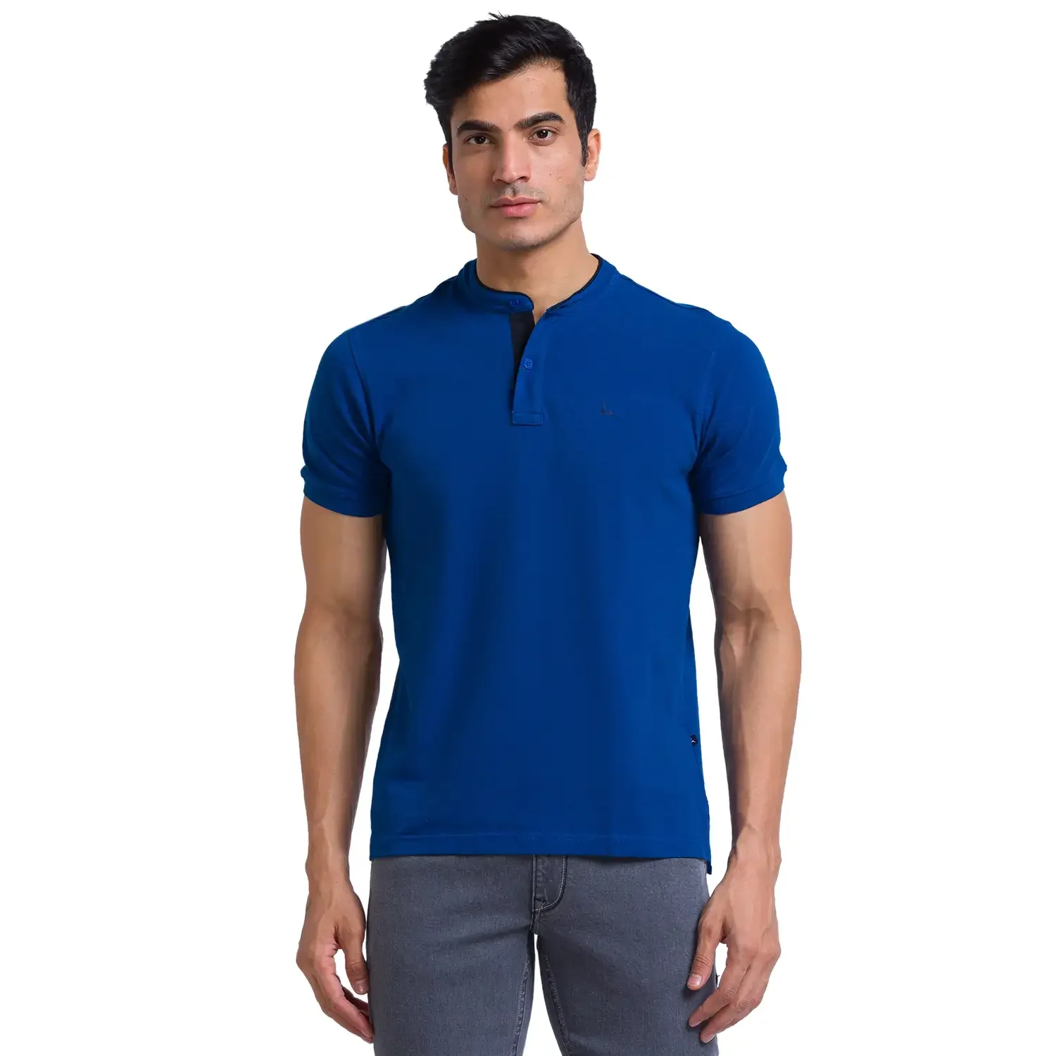 Men Petrol Regular Fit Solid Cotton Polyester Blend T-Shirt