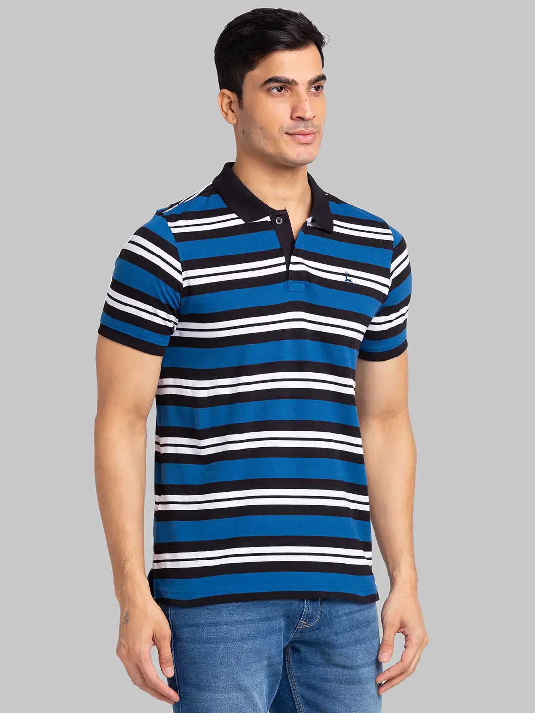 Men Petrol Regular Fit Yarn Dyed Cotton Round Neck Collar Polo T-Shirt