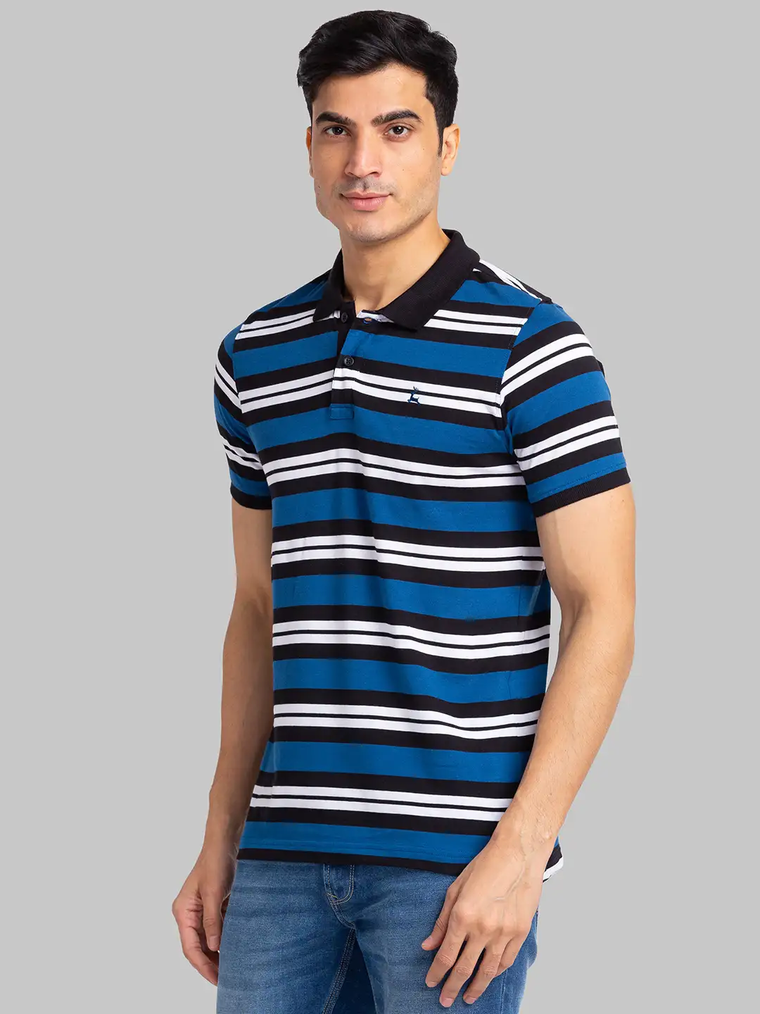 Men Petrol Regular Fit Yarn Dyed Cotton Round Neck Collar Polo T-Shirt - Image 2