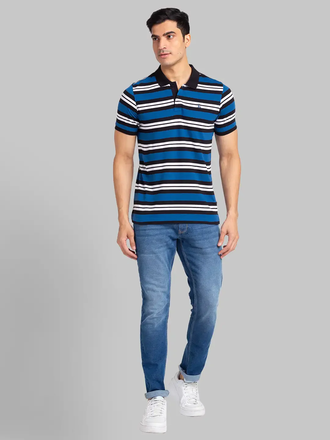 Men Petrol Regular Fit Yarn Dyed Cotton Round Neck Collar Polo T-Shirt - Image 4