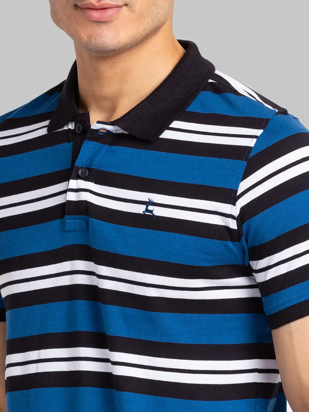 Men Petrol Regular Fit Yarn Dyed Cotton Round Neck Collar Polo T-Shirt - Image 5