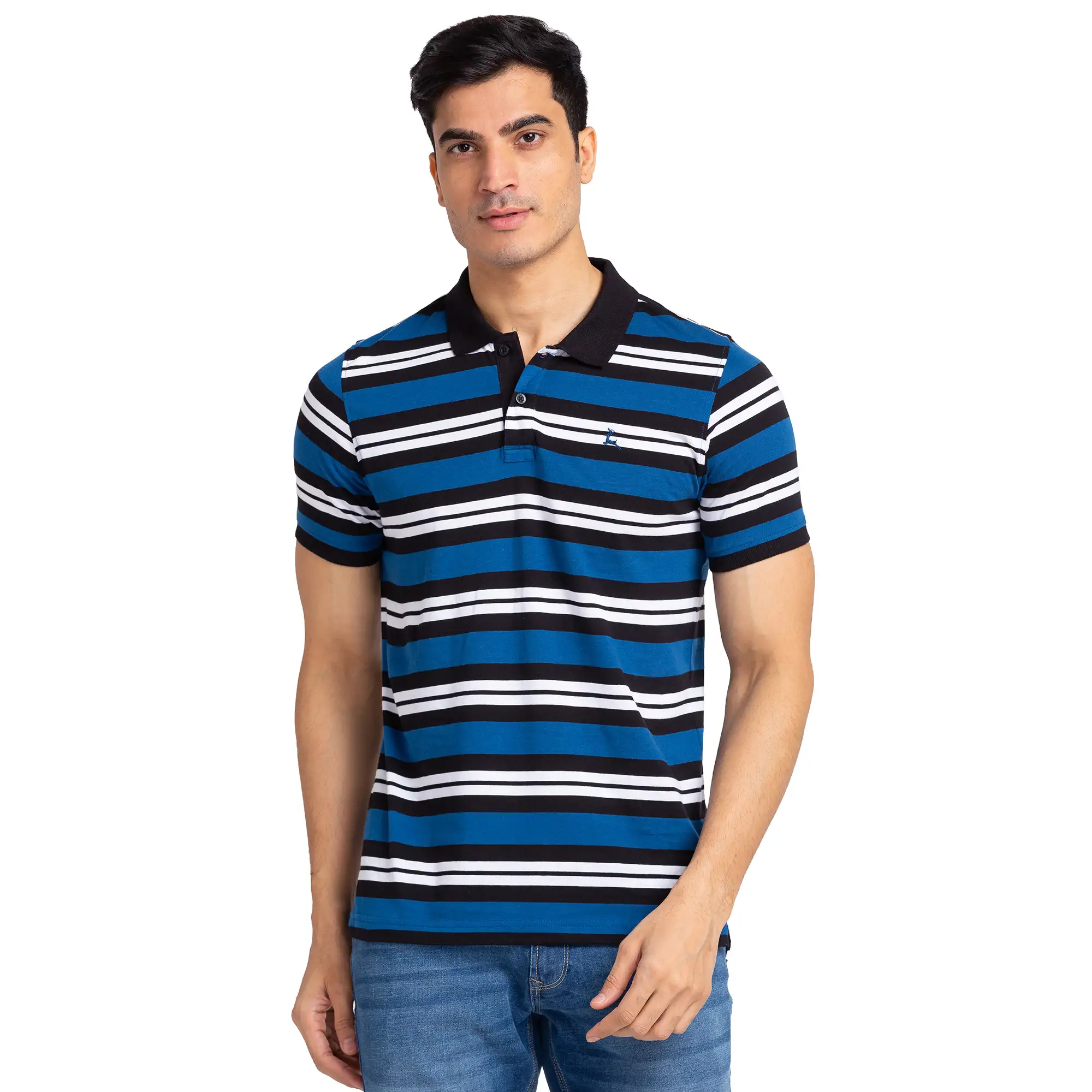Men Petrol Regular Fit Yarn Dyed Cotton Round Neck Collar Polo T-Shirt - Image 7