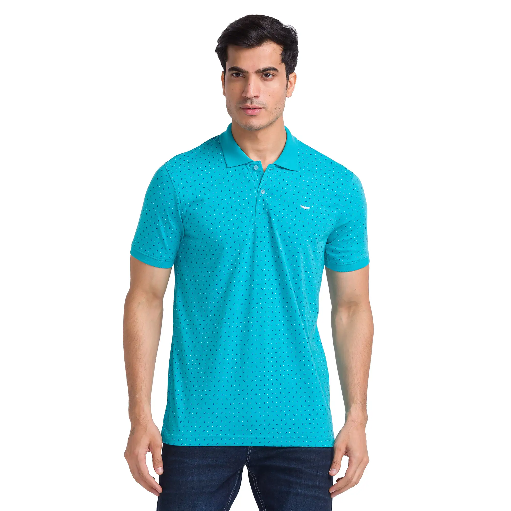 Men Petrol Slim Fit Print Cotton Polyester Blend Round Neck Collar Polo T-Shirt