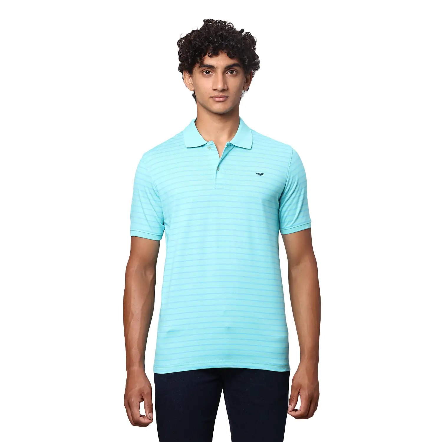 Men Petrol Slim Fit Print Cotton Polyester Blend Round Neck Collar Polo T-Shirt