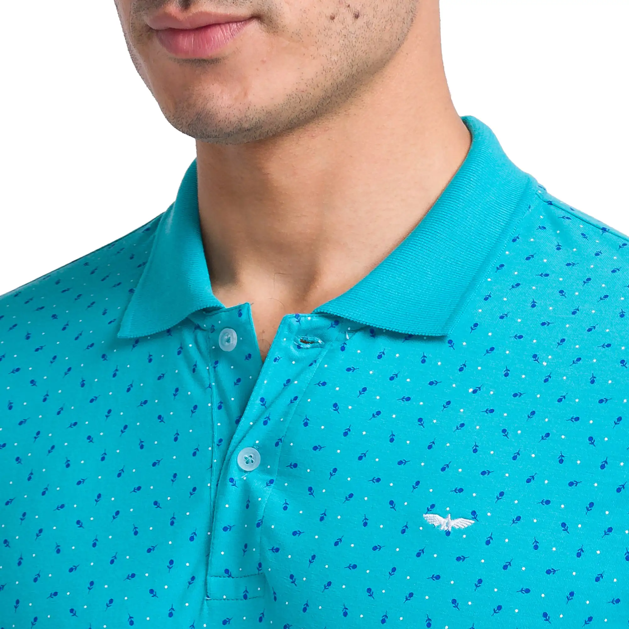 Men Petrol Slim Fit Print Cotton Polyester Blend Round Neck Collar Polo T-Shirt - Image 6