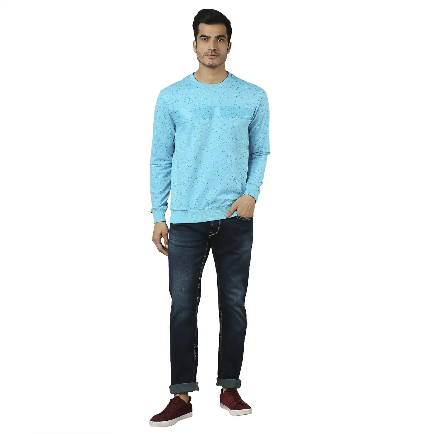 Men Petrol Slim Fit Print Cotton Polyster Blend Round Collar Sweatshirts - Image 5