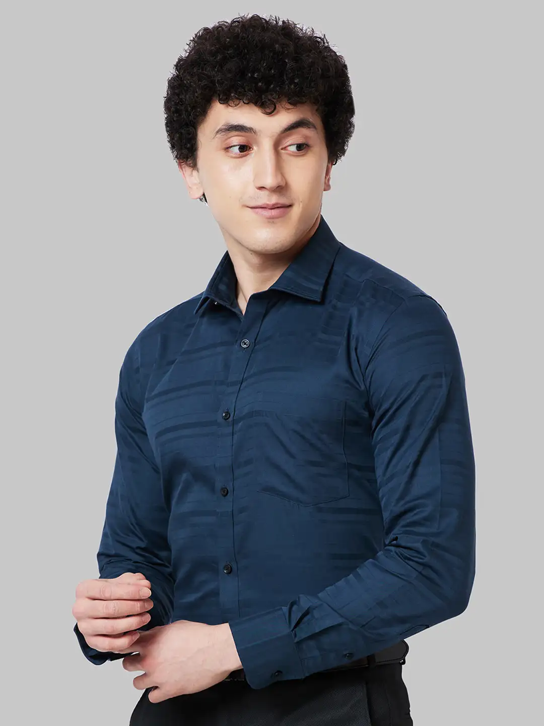 Men Petrol Slim Fit Stripe Cotton Shirts - Image 3