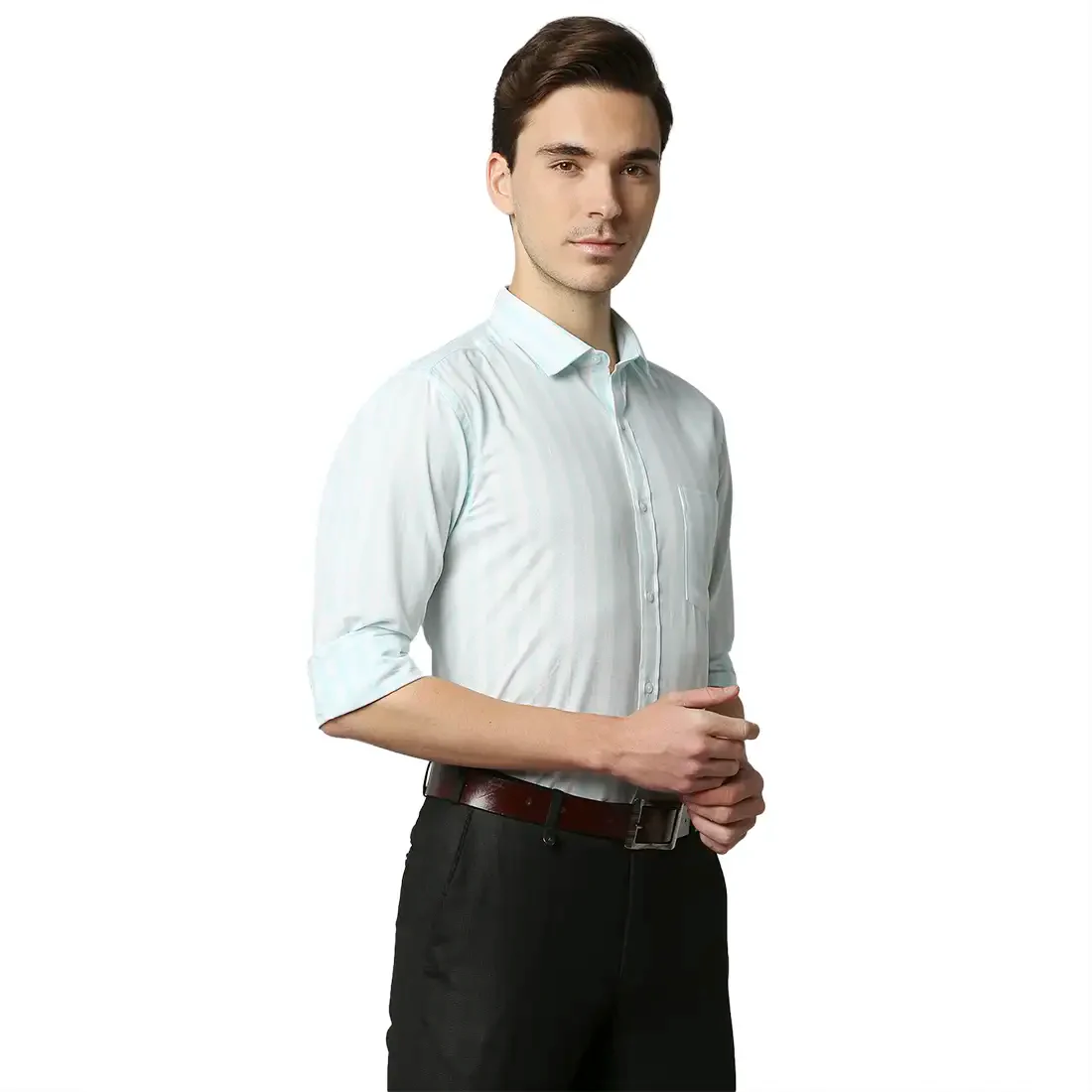 Men Petrol Slim Fit Stripe Cotton Shirts - Image 2